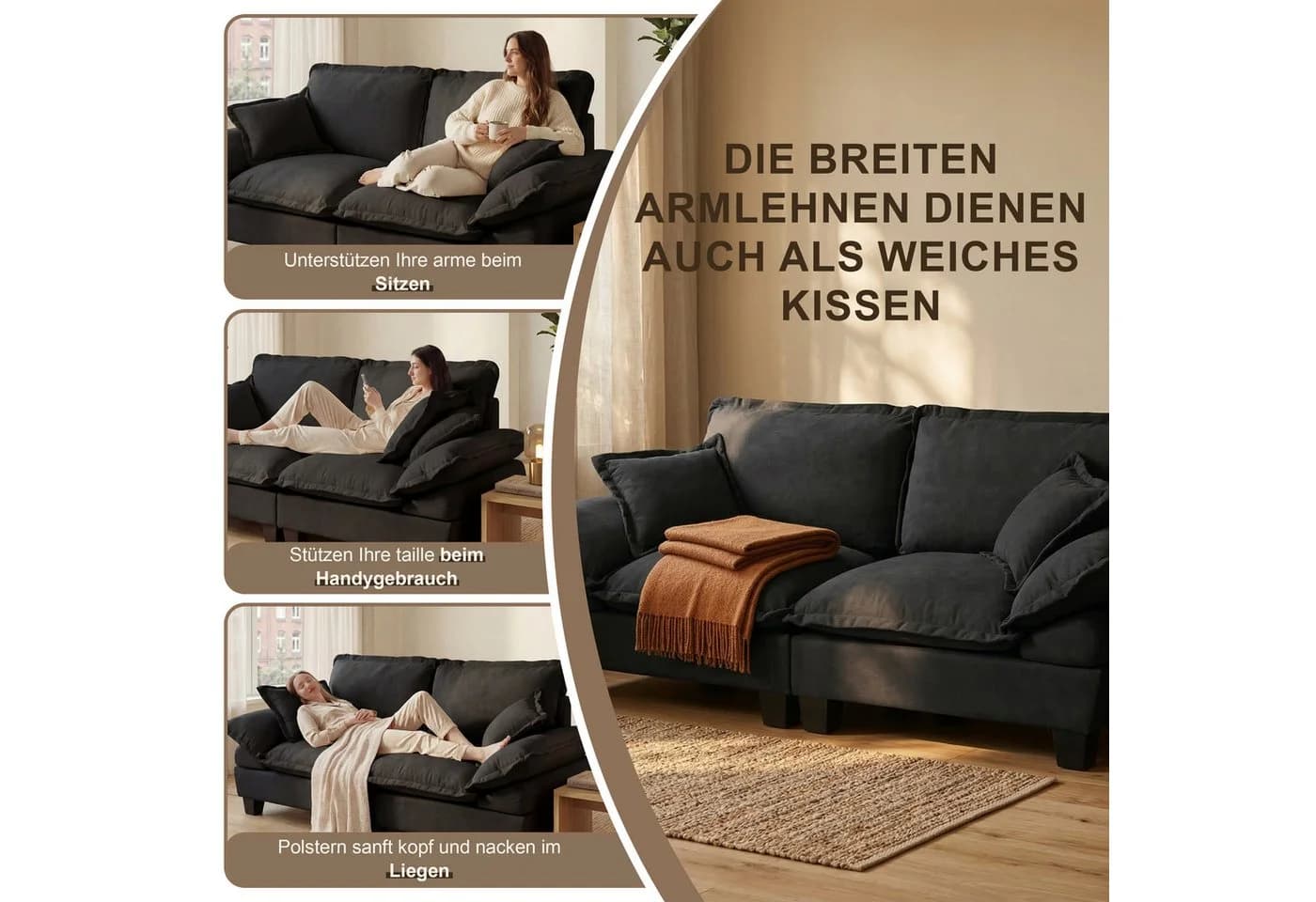 i@home 2-Sitzer Polstersofa Schwarz Chenille Modern - Bild 3