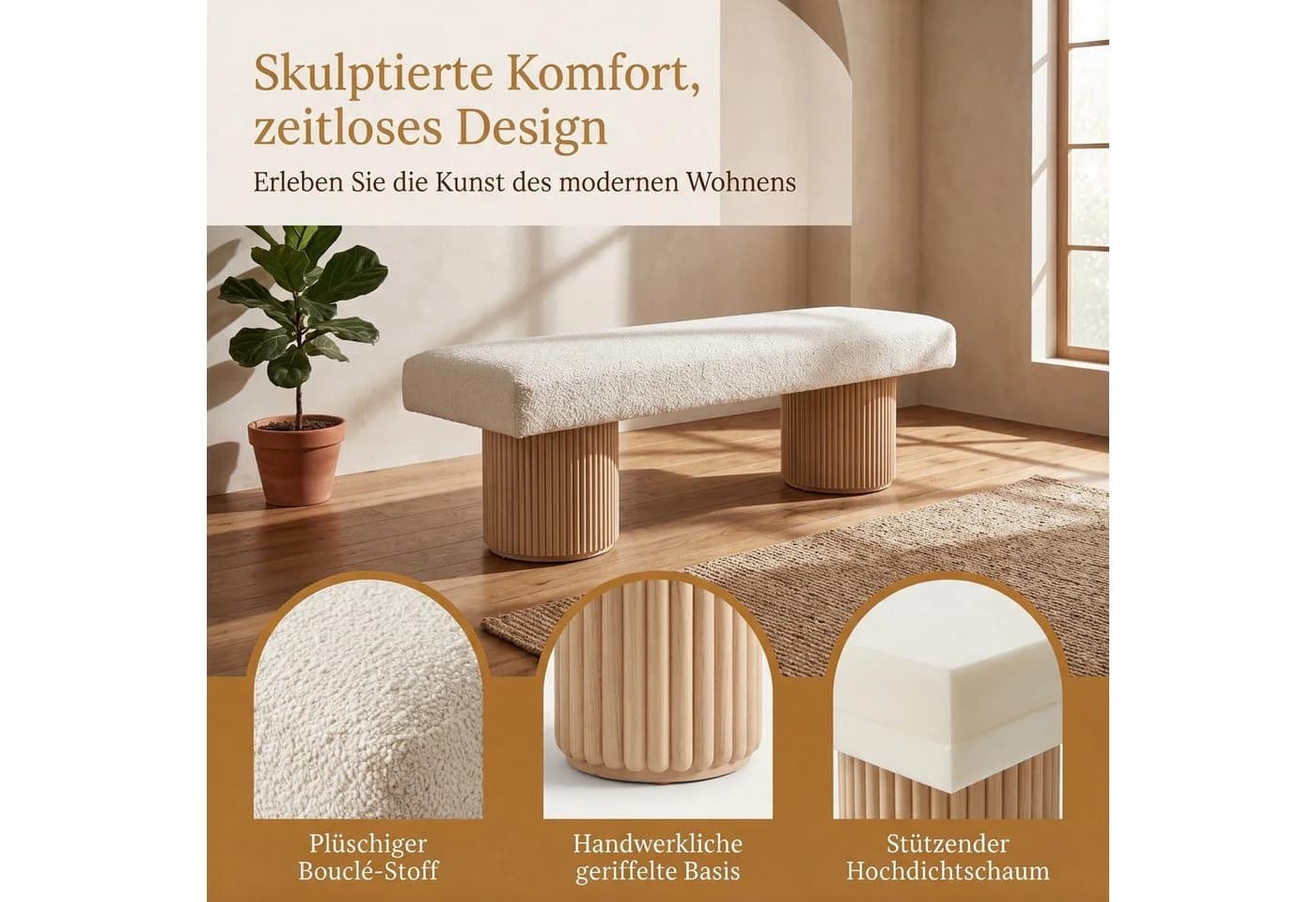 i@home Bettbank Massivholz Bouclé Creme Weiß Modern - Bild 3