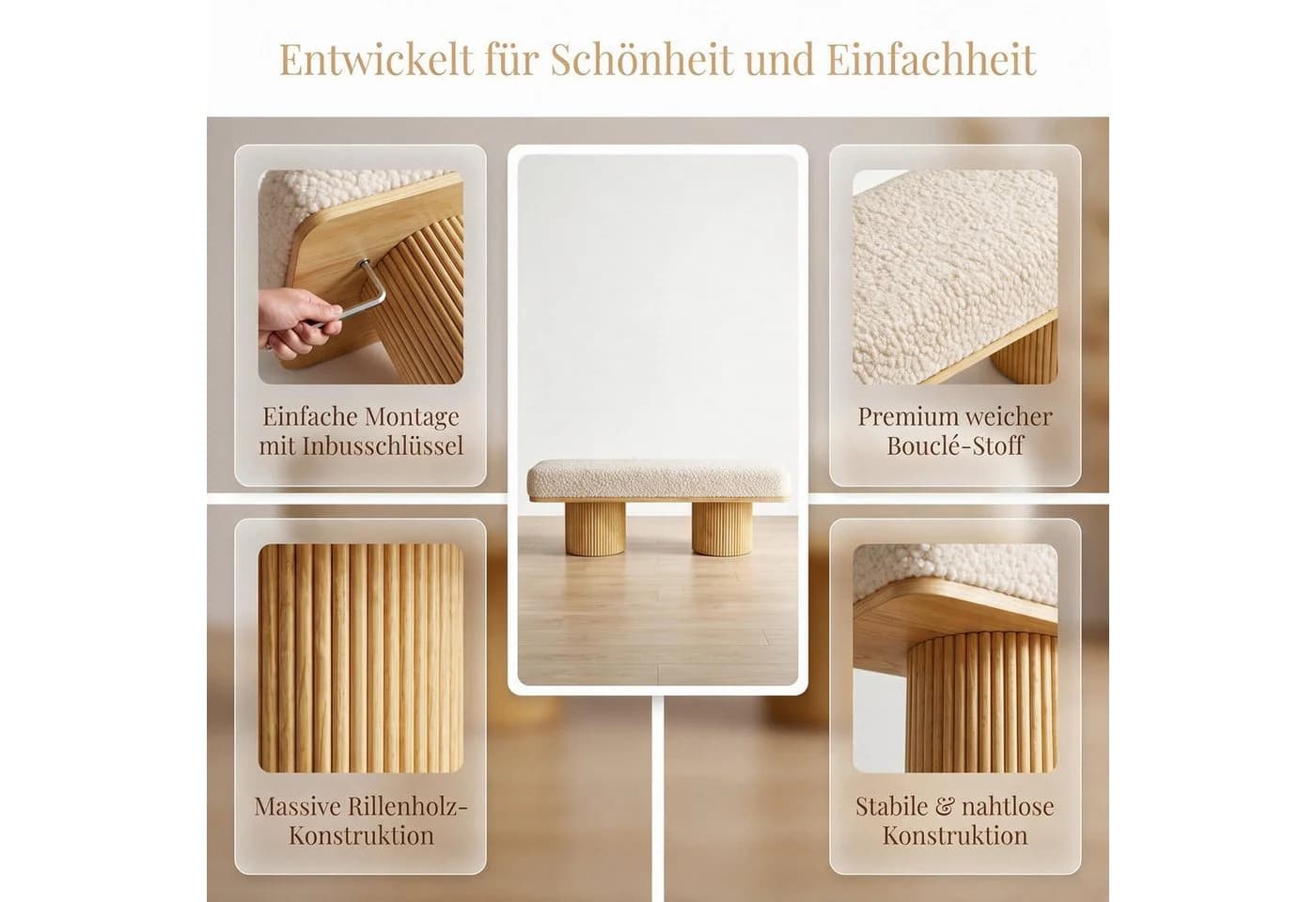 i@home Bettbank Massivholz Bouclé Creme Weiß Modern - Bild 5