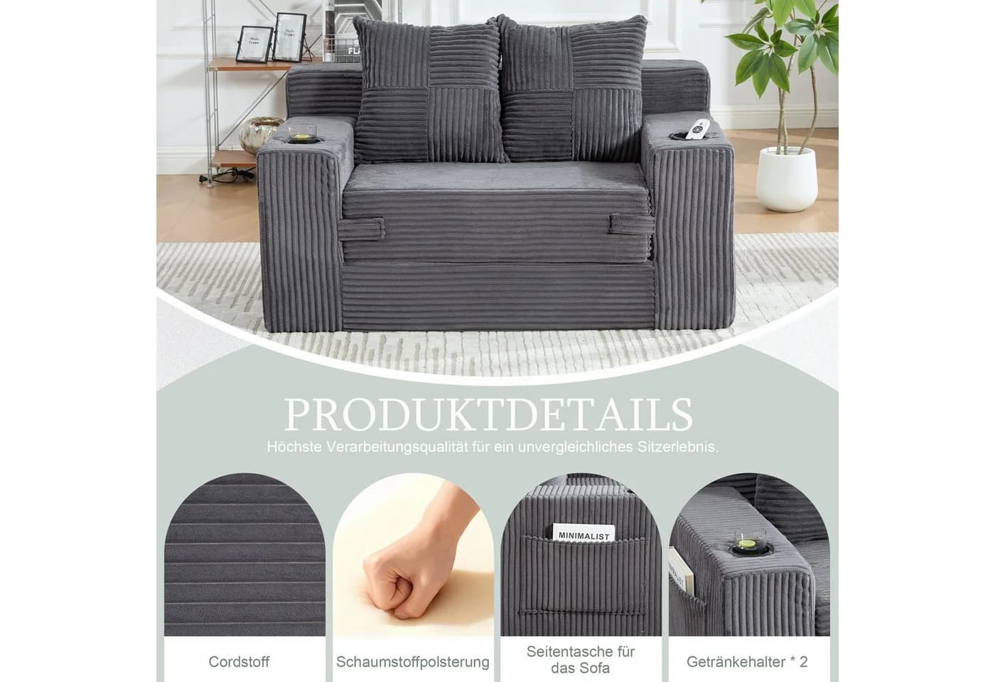 i@home 2-Sitzer Cordstoff Doppelsofa Grau mit Stauraum