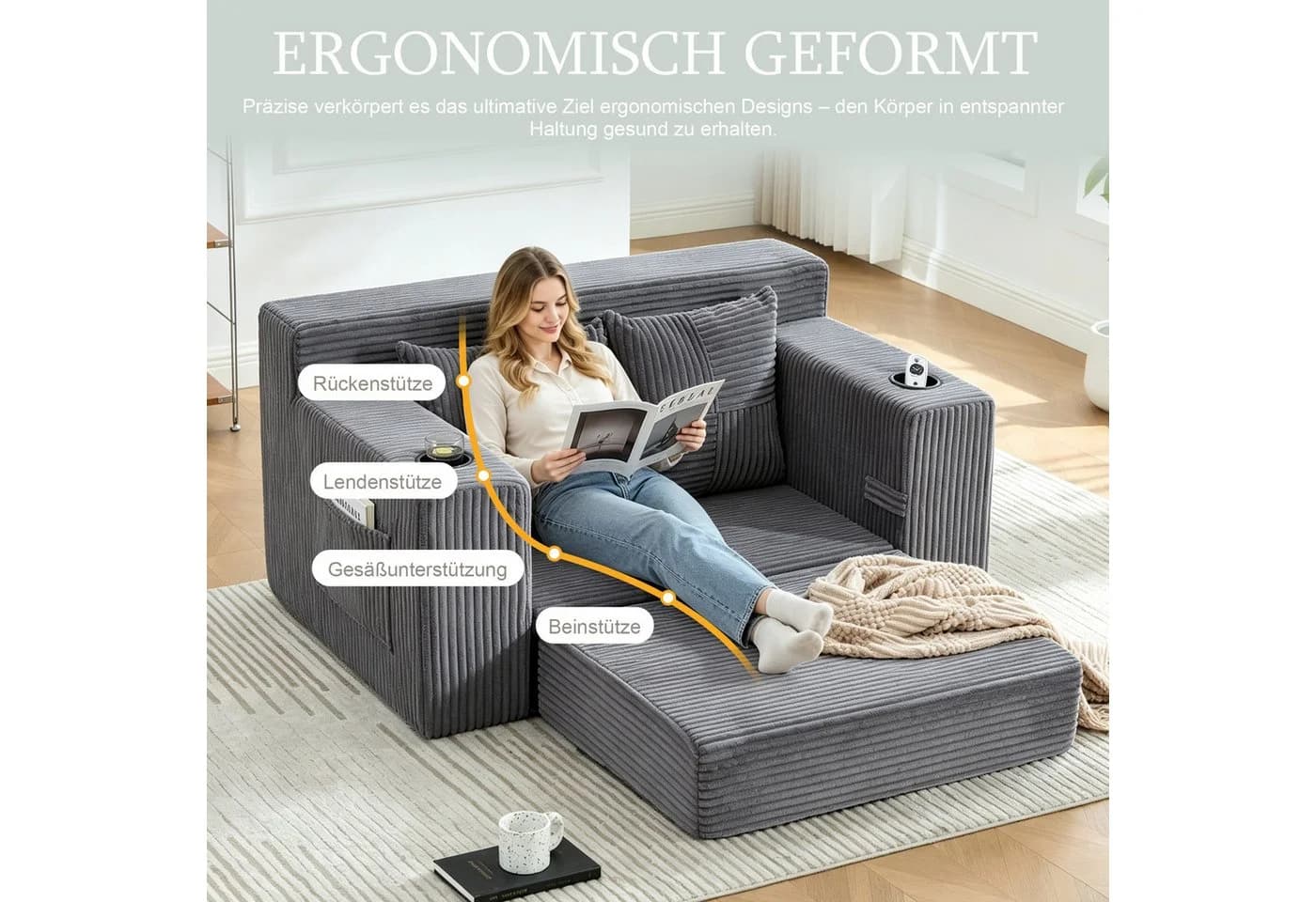 i@home 2-Sitzer Cordstoff Doppelsofa Grau mit Stauraum - Bild 3