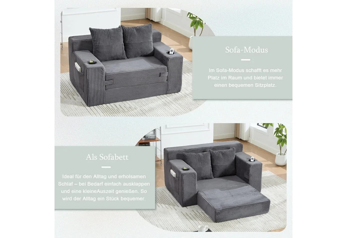 i@home 2-Sitzer Cordstoff Doppelsofa Grau mit Stauraum - Bild 4