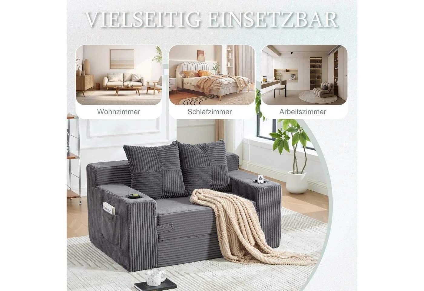 i@home 2-Sitzer Cordstoff Doppelsofa Grau mit Stauraum - Bild 5