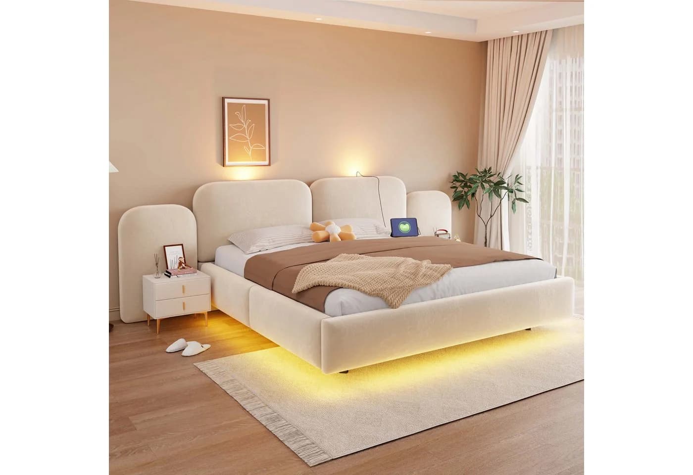 i@home Polsterbett 180x200 mit Stauraum, LED & Steckdosen Beige Samt - Bild 2