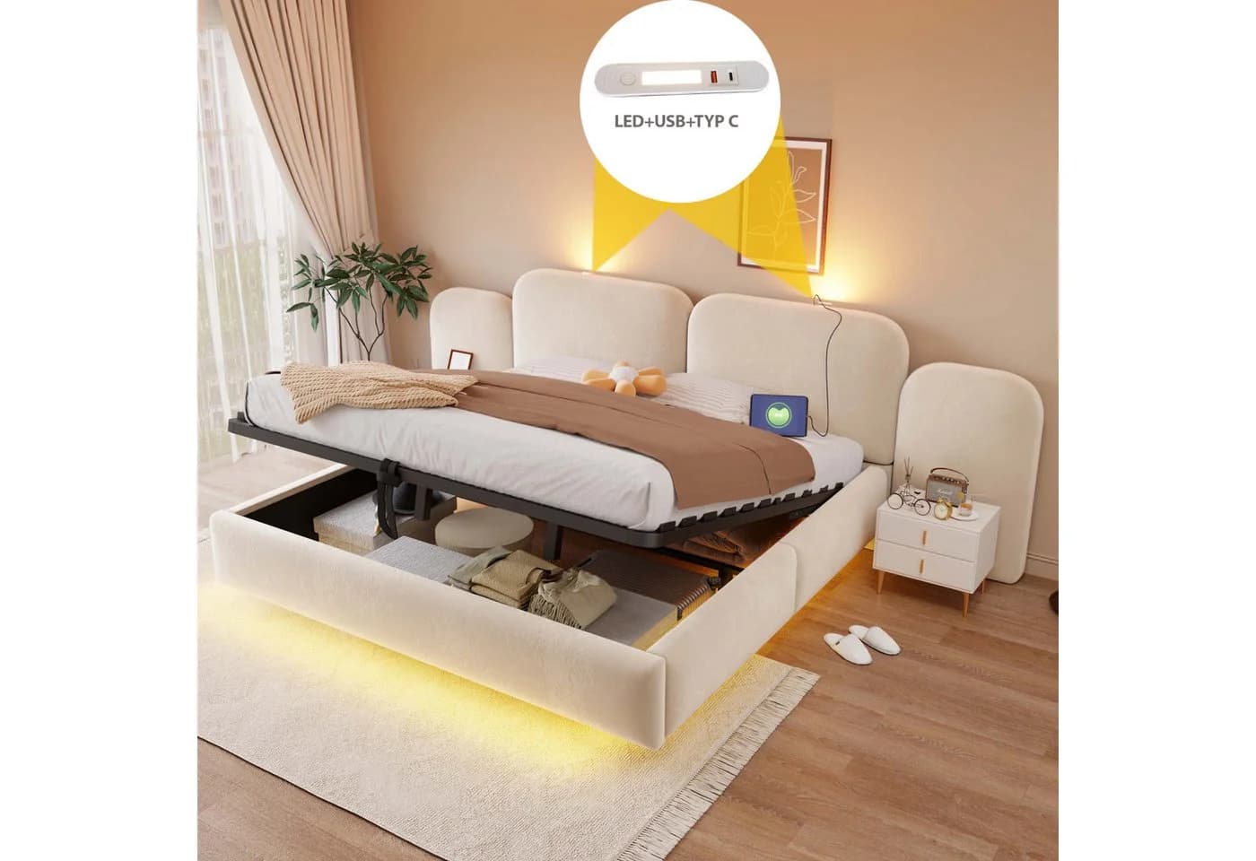 i@home Polsterbett 180x200 mit Stauraum, LED & Steckdosen Beige Samt - Bild 4
