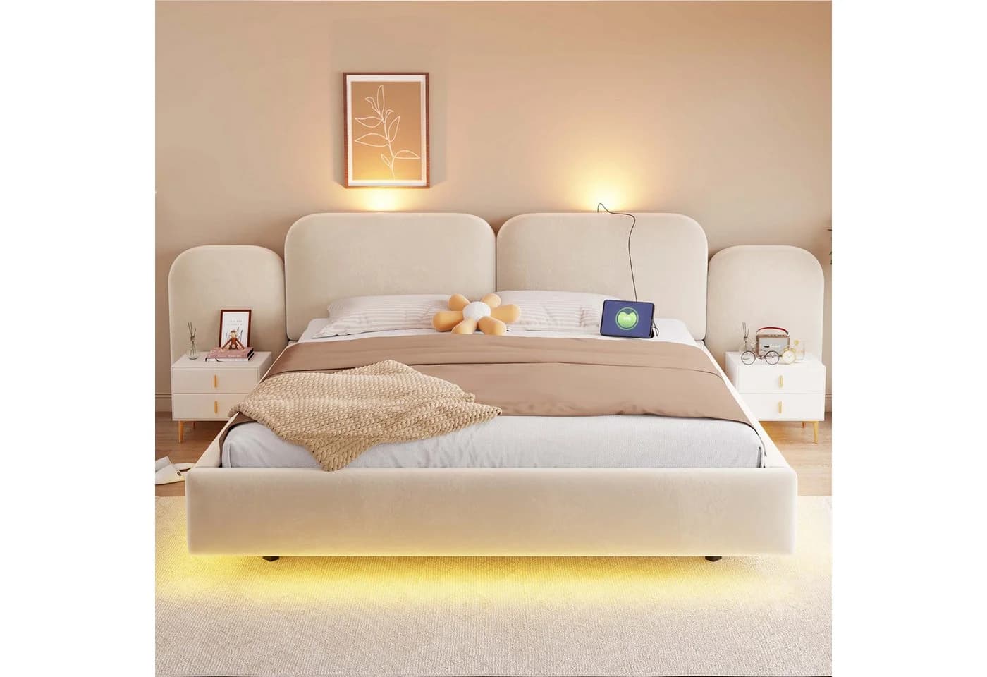 i@home Polsterbett 180x200 mit Stauraum, LED & Steckdosen Beige Samt - Bild 5