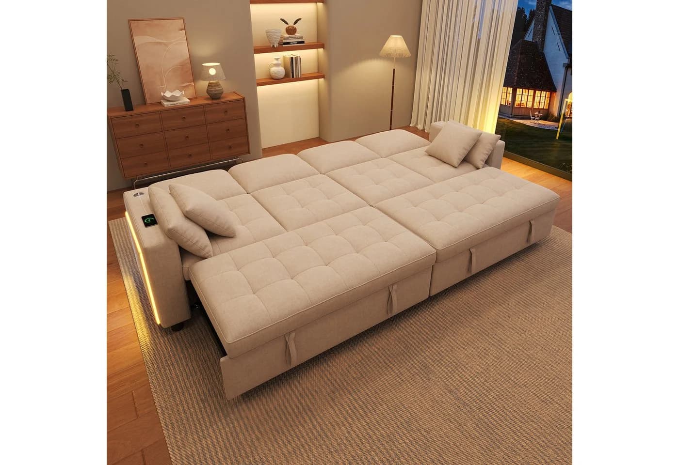 i@home Schlafsofa 4-Sitzer Chenille Beige mit LED & verstellbarer Rückenlehne - Bild 2