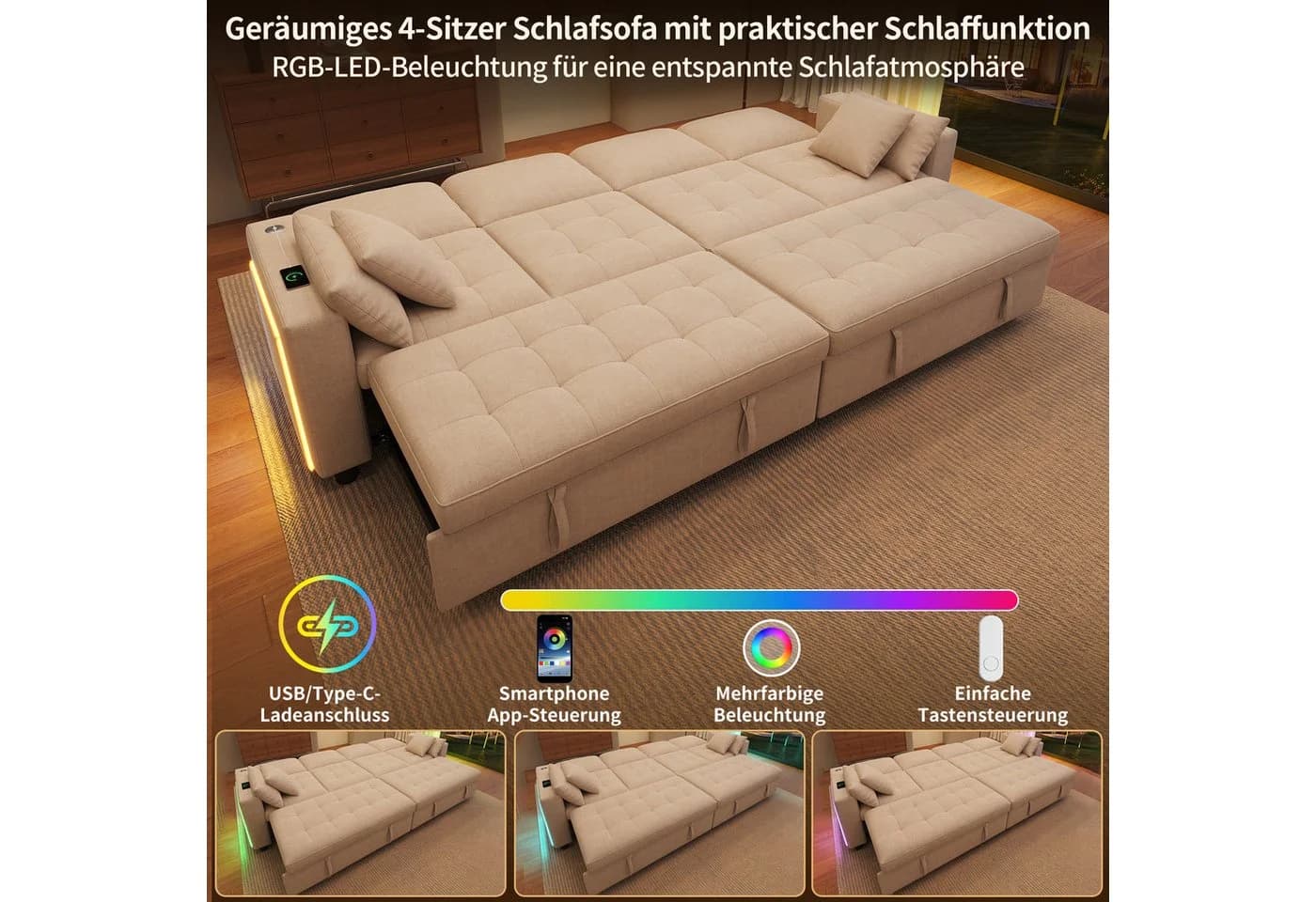 i@home Schlafsofa 4-Sitzer Chenille Beige mit LED & verstellbarer Rückenlehne - Bild 4