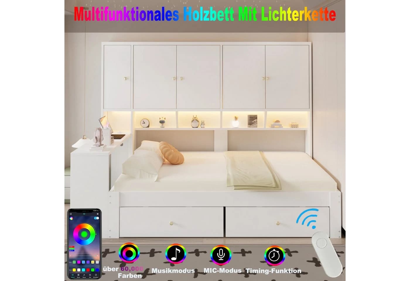 i@home Funktionsbett 90x200 cm mit Schreibtisch, LED & Stauraum Weiß/Grau