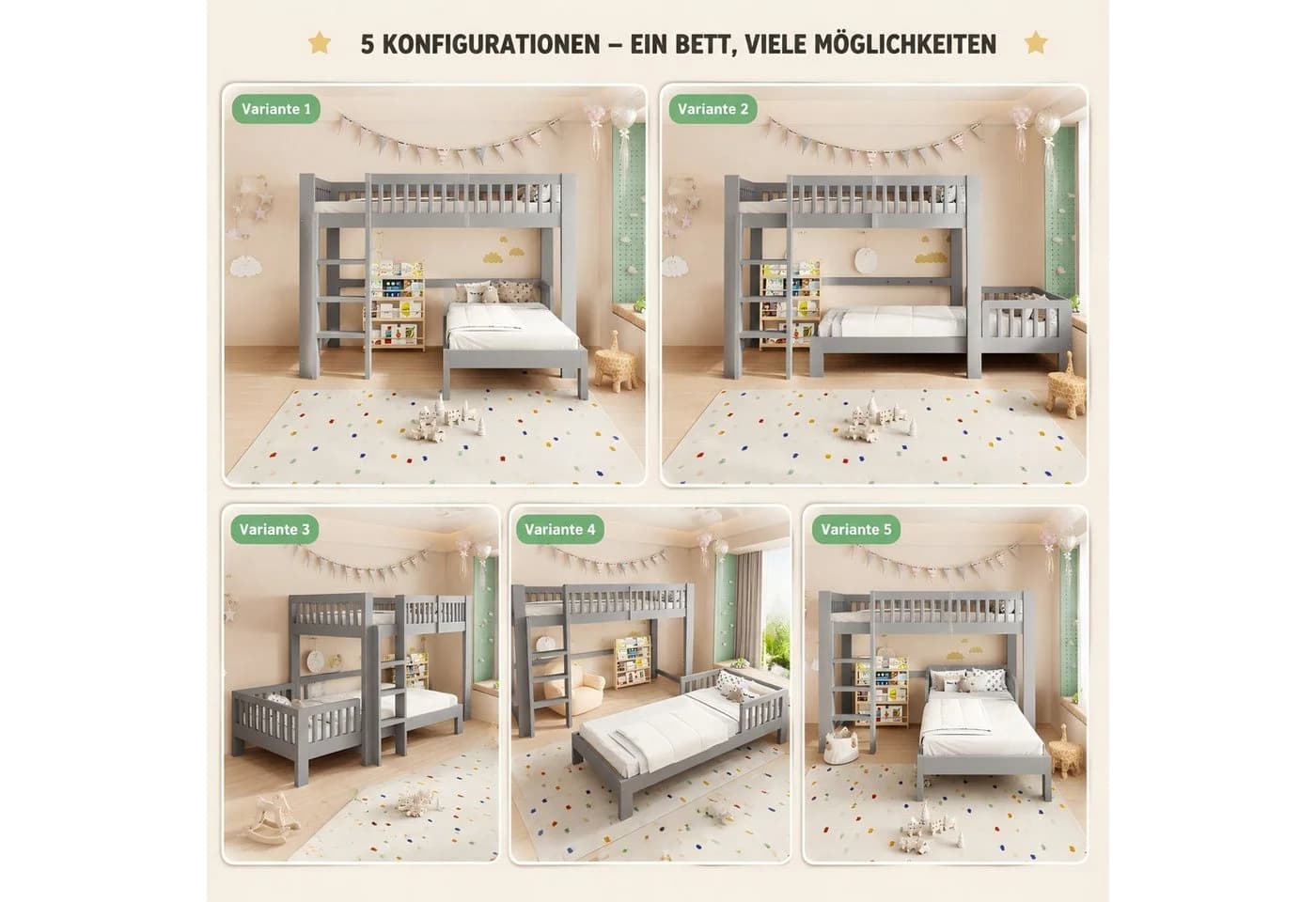 i@home Etagenbett Kinderbett Massivholz umbaubar grau