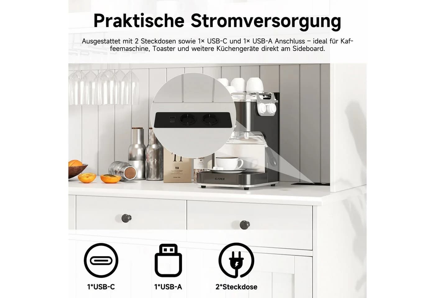 i@home Hochschrank Buffetschrank Weiß Schwarz mit Glastüren & USB-Anschluss - Bild 3