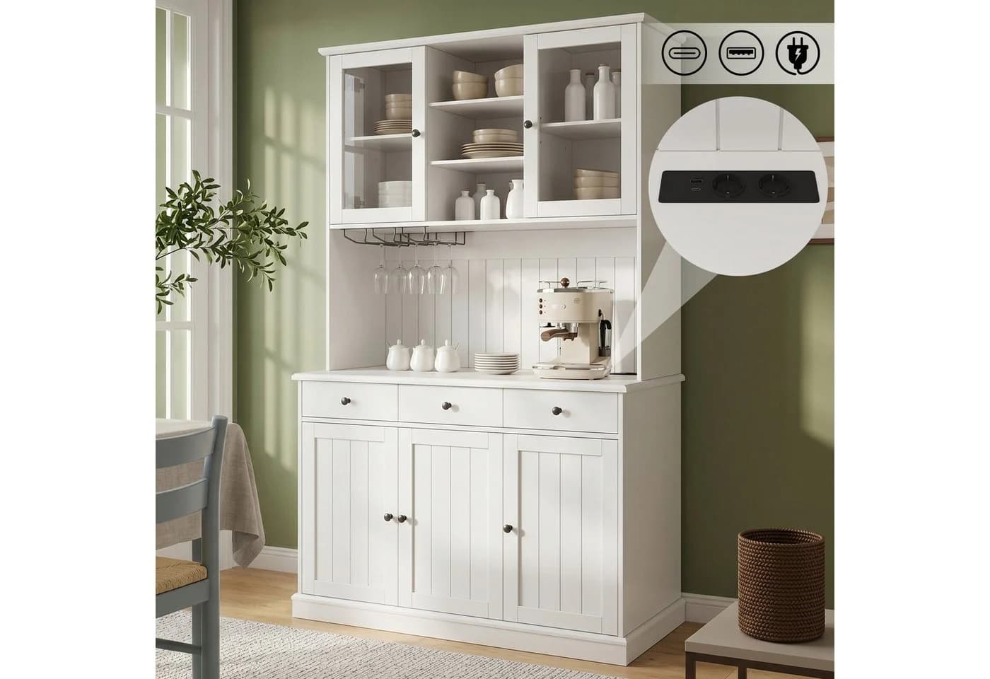 i@home Hochschrank Buffetschrank Weiß Schwarz mit Glastüren & USB-Anschluss - Bild 5