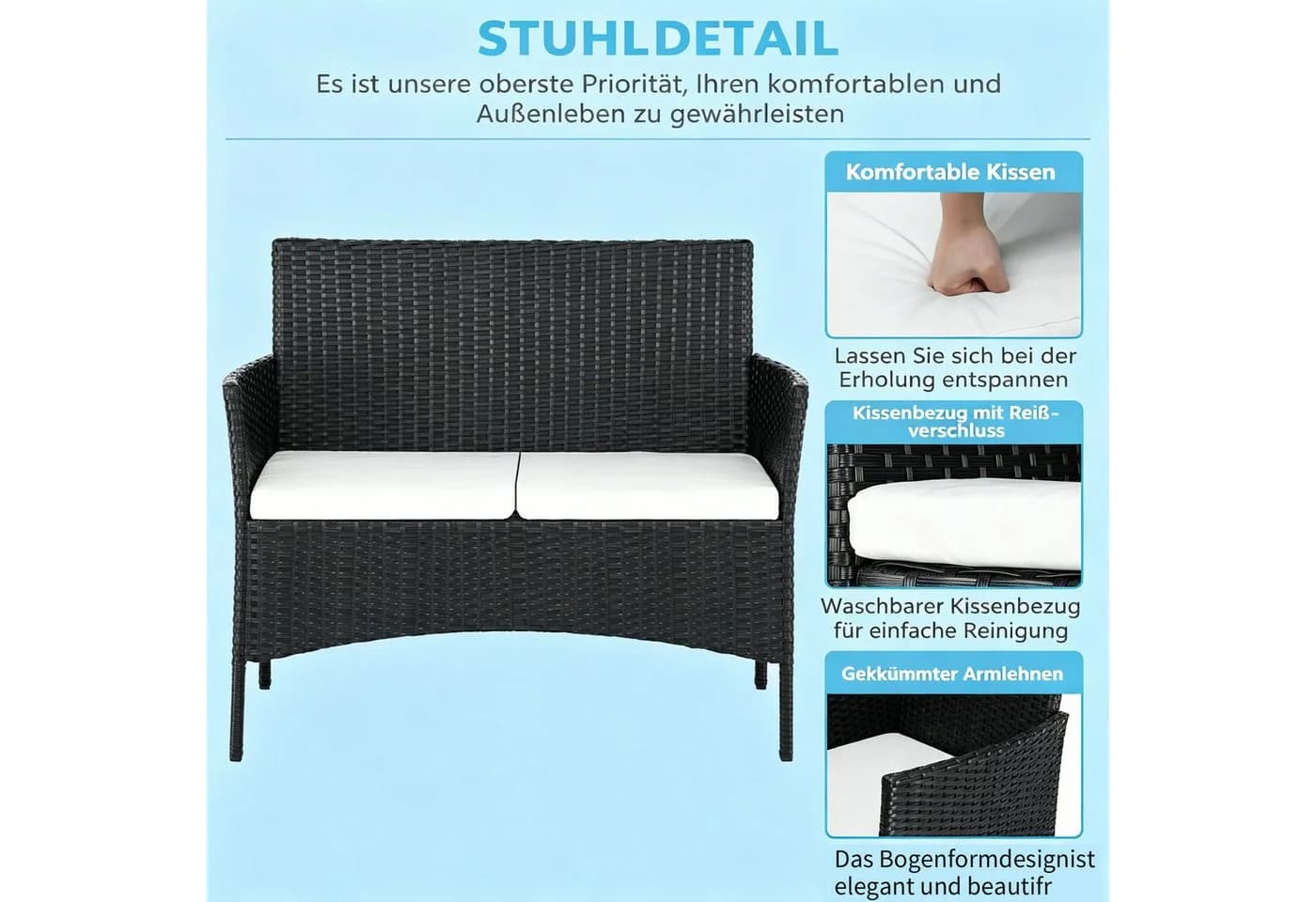 LEADZM Gartenlounge-Set 4-tlg. Schwarz PE-Rattan mit Glasplatte - Bild 4