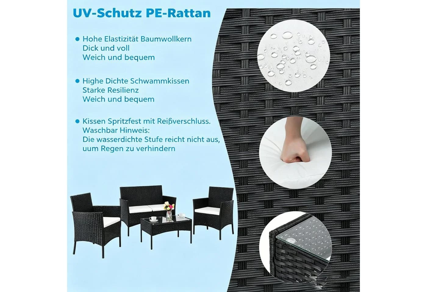 LEADZM Gartenlounge-Set 4-tlg. Schwarz PE-Rattan mit Glasplatte - Bild 5