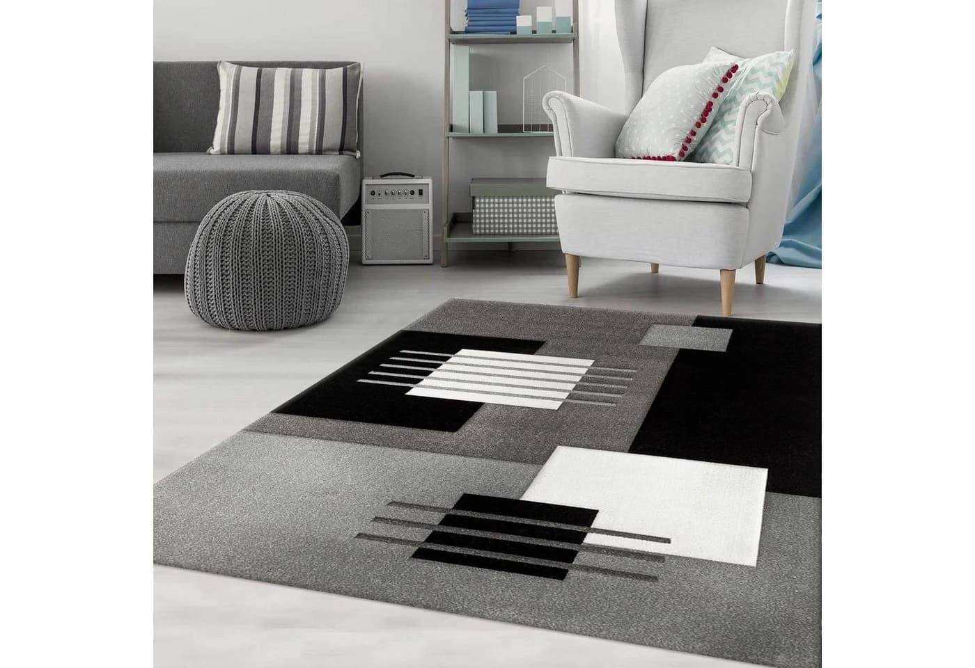 Vimoda Teppich Designer Teppich Wohnzimmer Kurzflor Kariert Grau - Bild 3