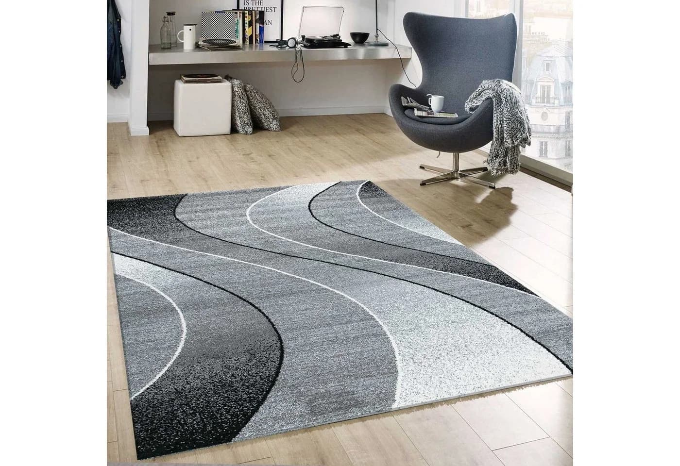 Vimoda Teppich Wohnzimmer Kurzflor Geometrisches Schwarz/Grau - Bild 2