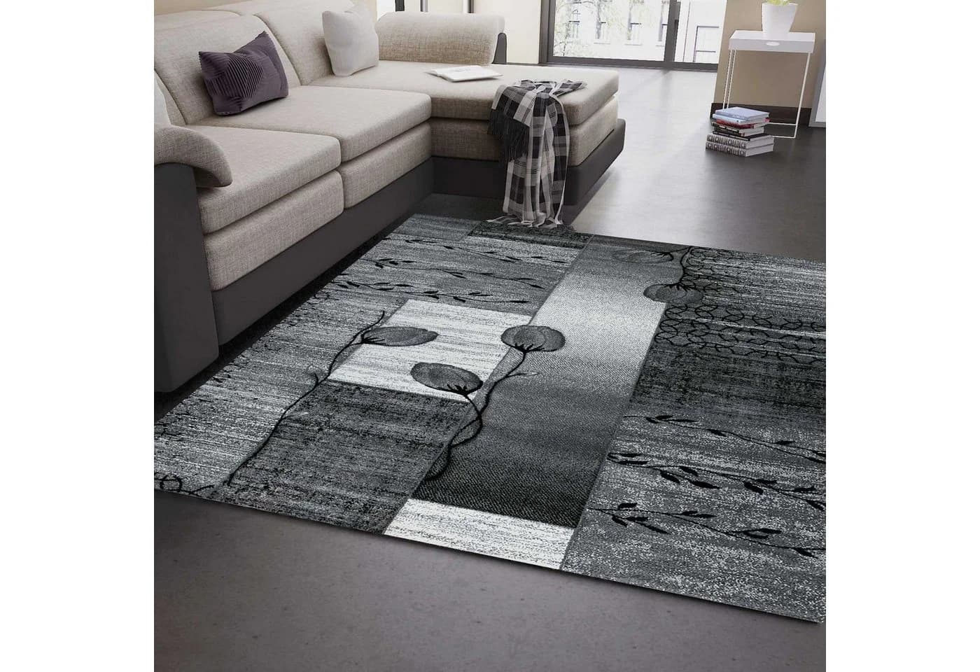 Vimoda Teppich Wohnzimmer Schlafzimmer Blumenmotiv Grau
