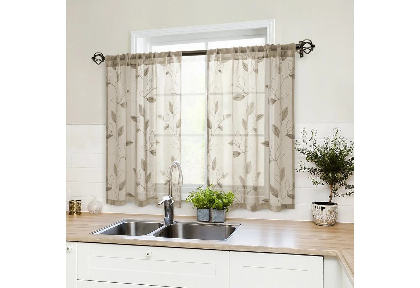 BYSURE Gardine Voile Scheibengardinen Modern Wohnzimmer Küchenvorhänge Beige