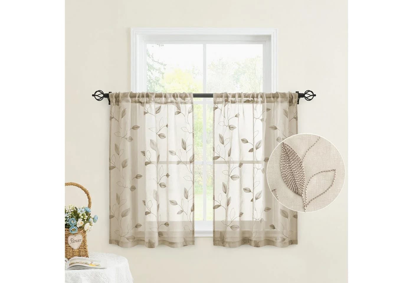 BYSURE Gardine Voile Scheibengardinen Modern Wohnzimmer Küchenvorhänge Beige - Bild 2