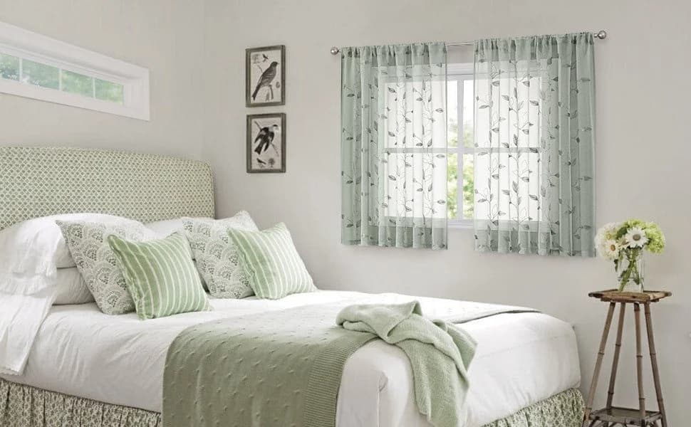BYSURE Voile Gardine Grün Besticktes Blattmuster 2er Set - Bild 4