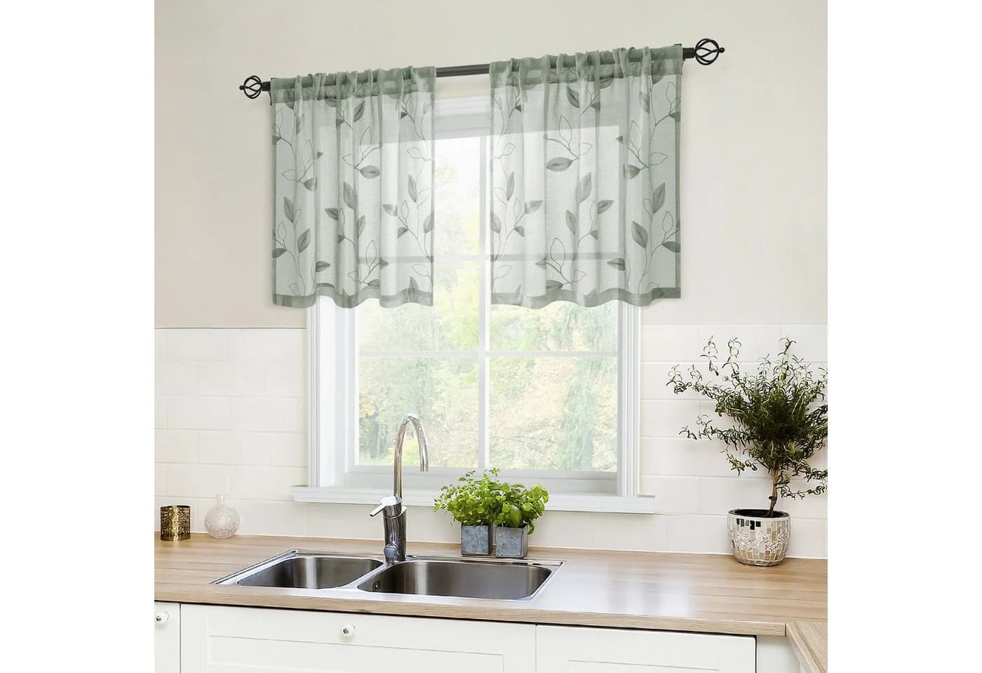 BYSURE Voile Gardine Grün Besticktes Blattmuster 2er Set - Bild 5