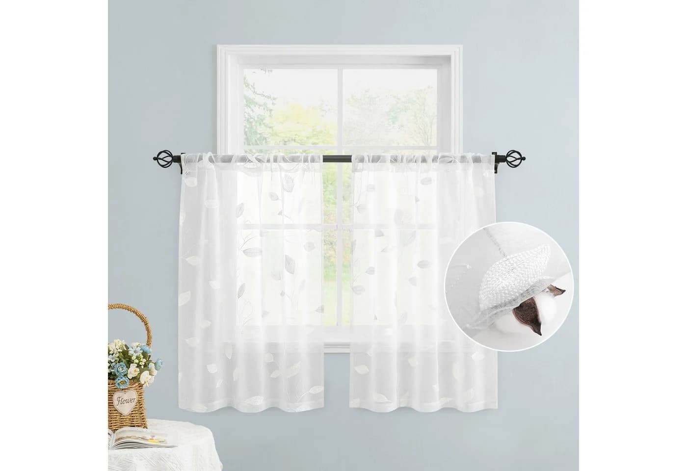 BYSURE Gardine Voile Weiß Besticktes Blattmuster 2er Set - Bild 2