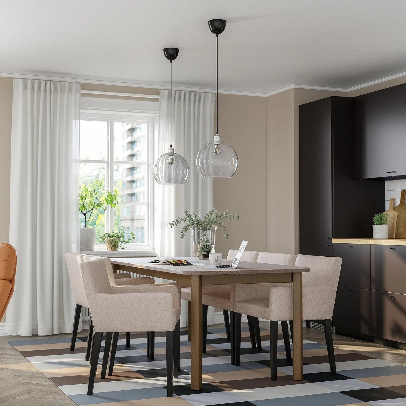 IKEA STRANDTORP / MÅRENÄS Tisch und 6 Armlehnstühle Beige Schwarz Braun