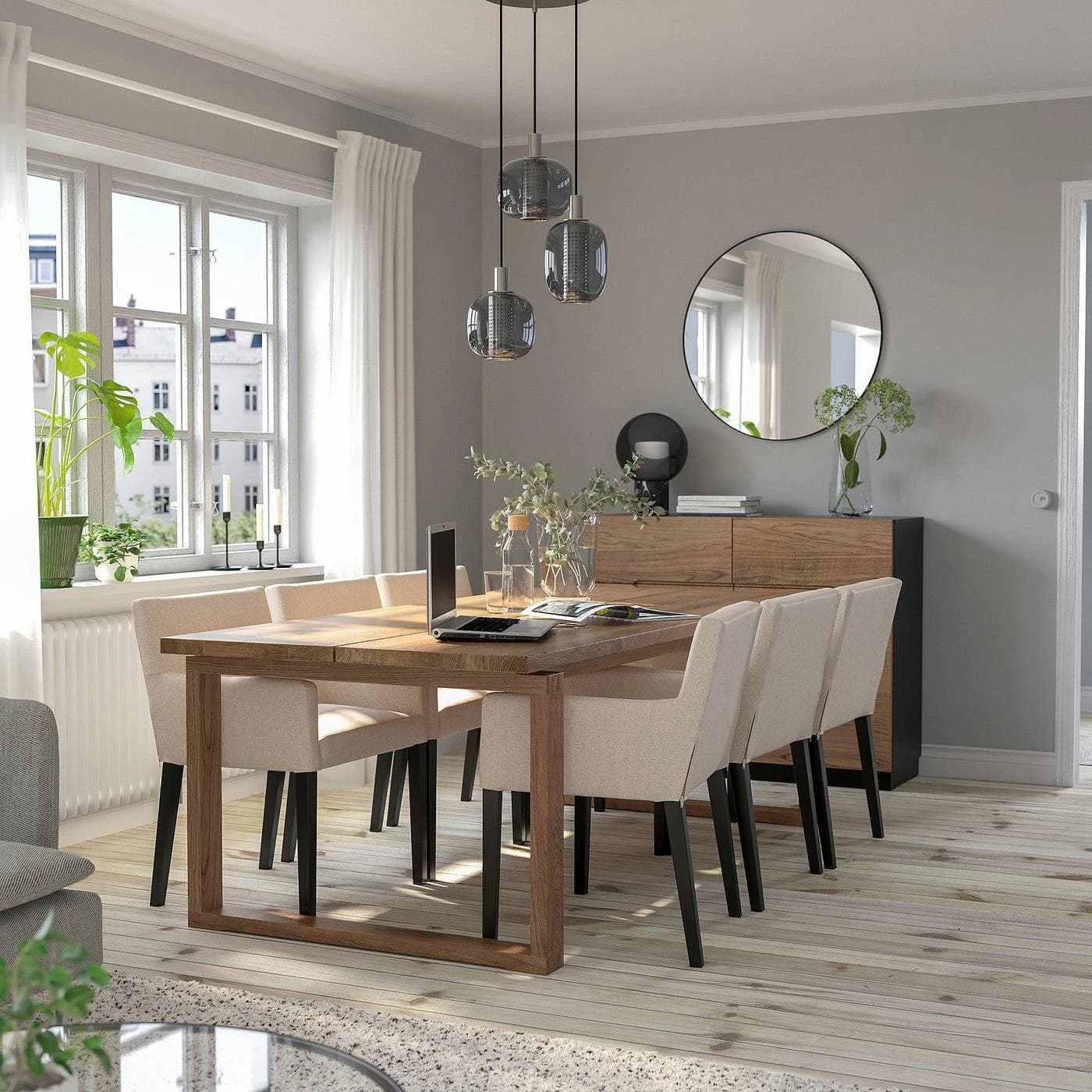 IKEA MÖRBYLÅNGA / MÅRENÄS Esstisch mit 6 Armlehnstühlen Eiche Schwarz Beige