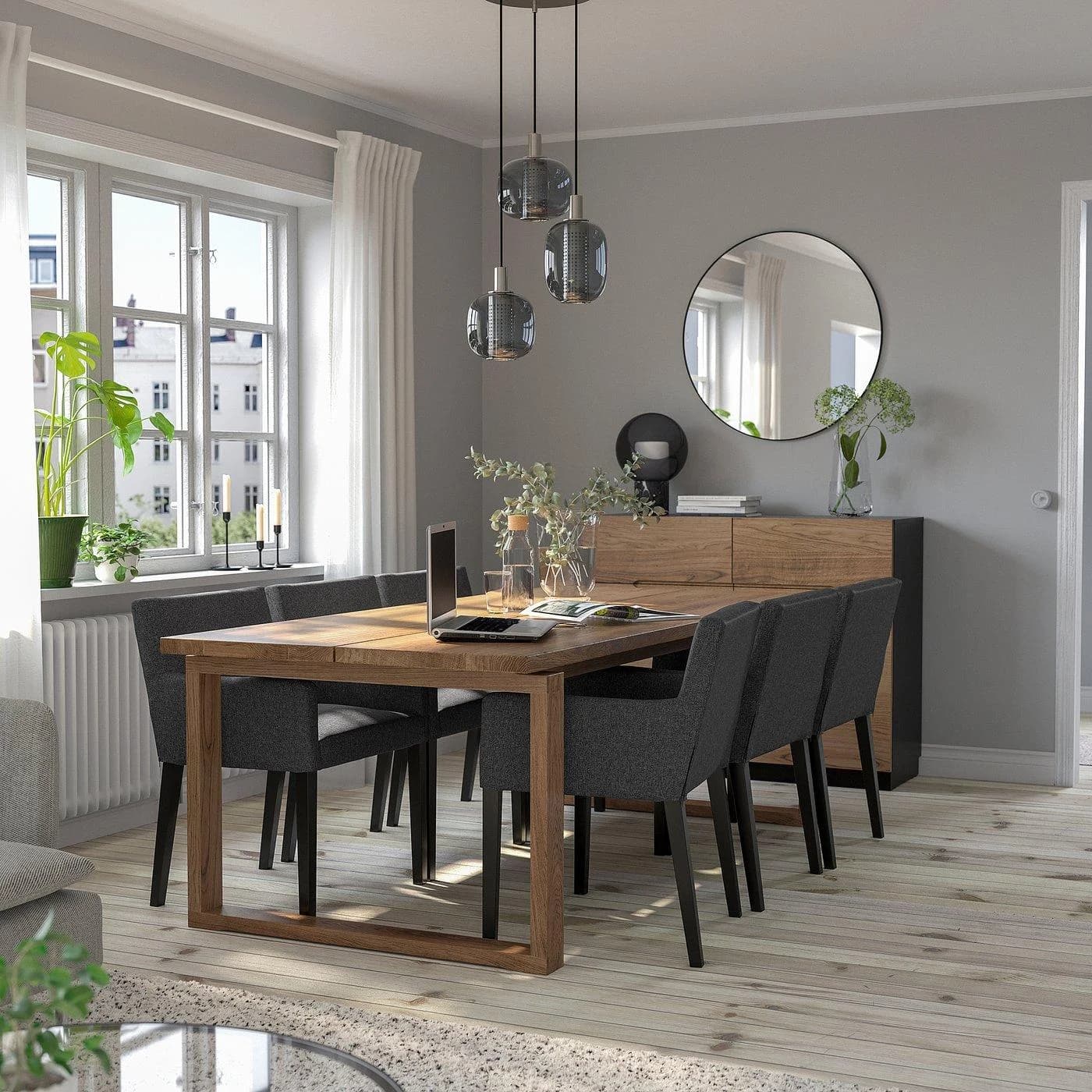 IKEA MÖRBYLÅNGA / MÅRENÄS Esstisch mit 6 Armlehnstühlen Eiche/Dunkelgrau