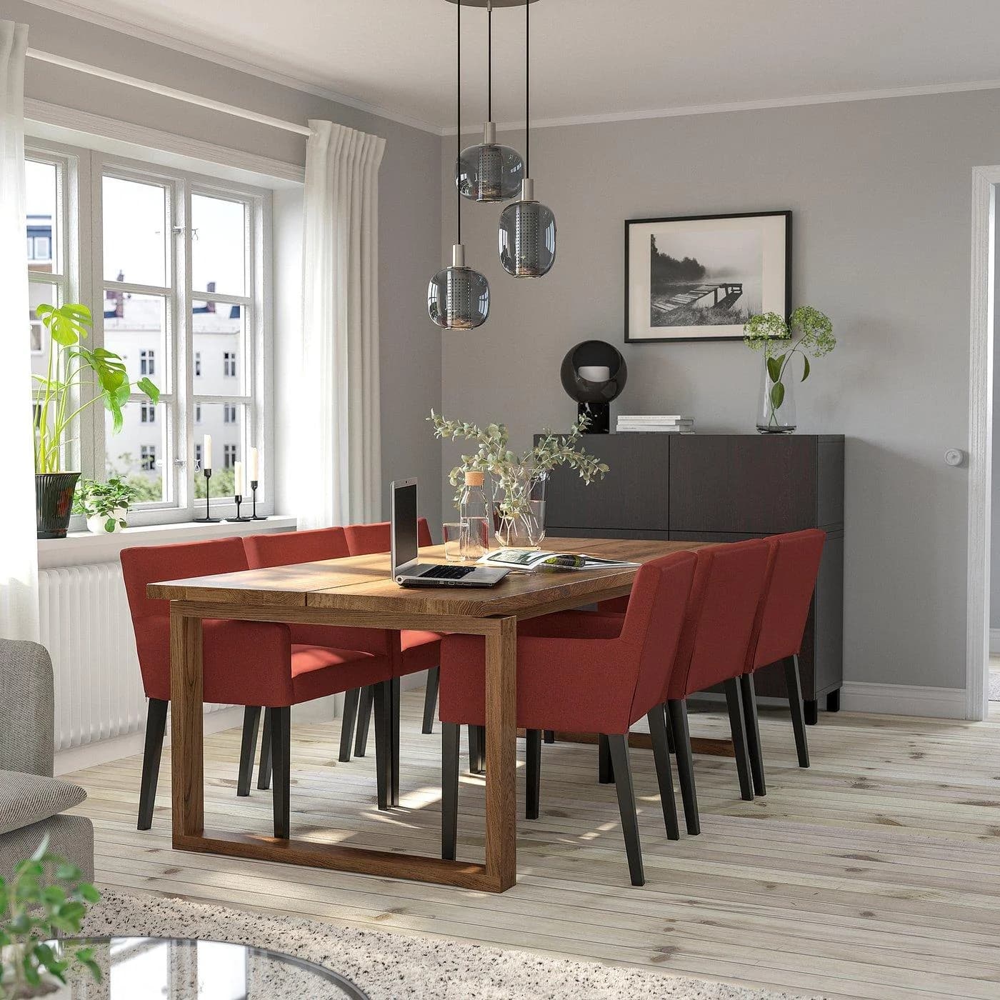 IKEA MÖRBYLÅNGA / MÅRENÄS Esstisch mit 6 Armlehnstühlen Eiche/Schwarz-Rotbraun