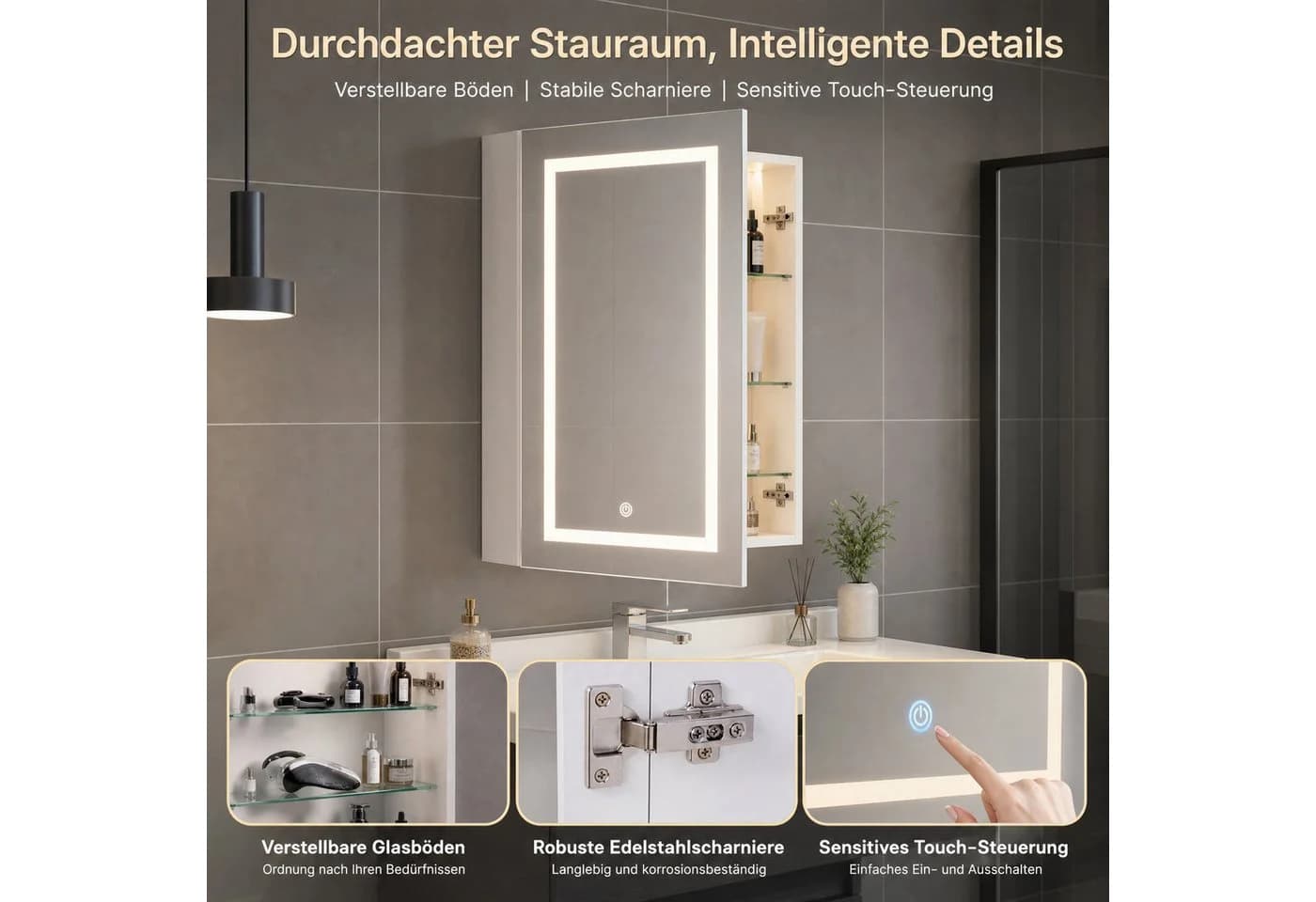 Simurq Badezimmerspiegelschrank mit LED-Beleuchtung und verstellbaren Regalen - Bild 5