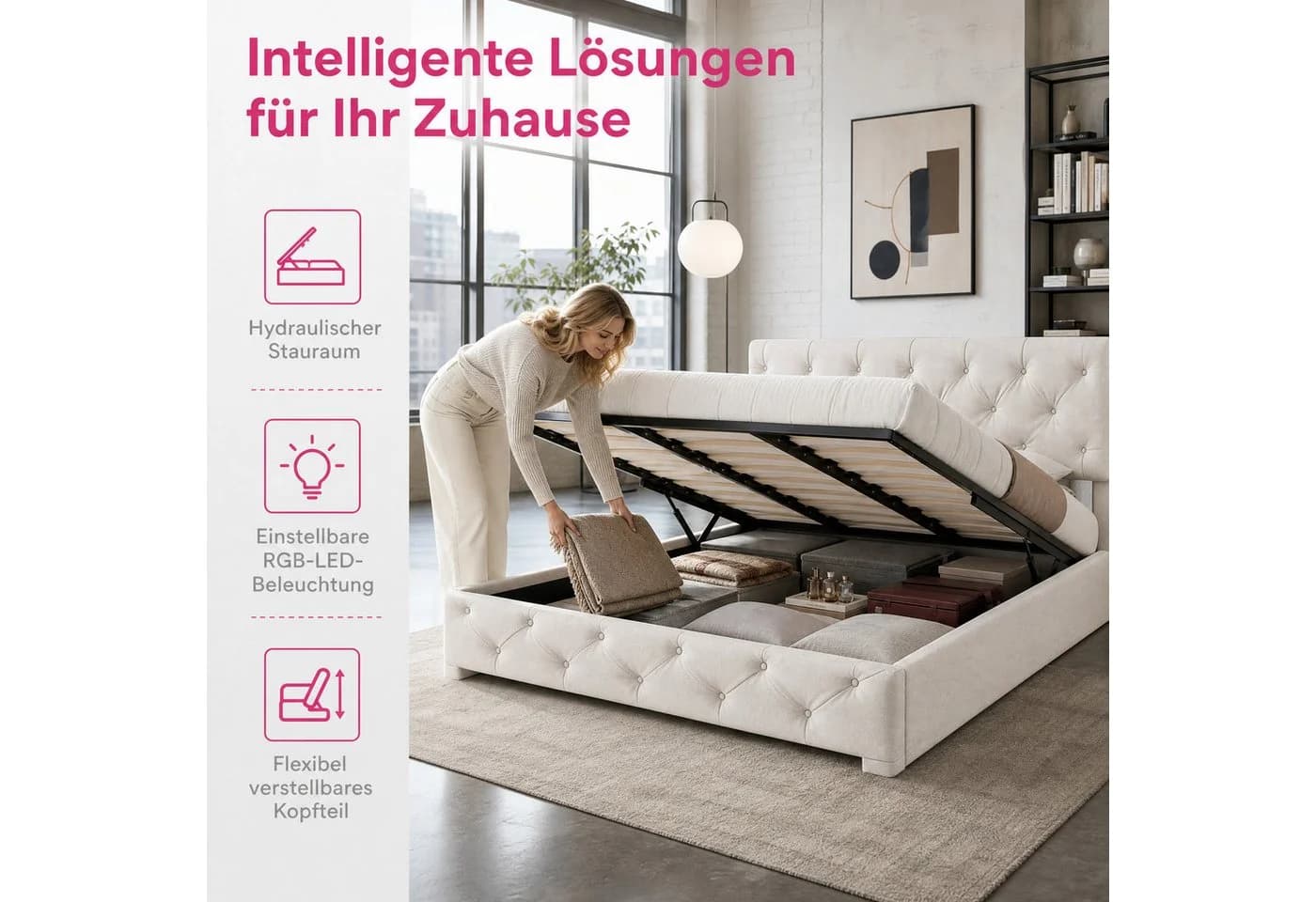 Simurq Polsterbett Beige mit hydraulischem Stauraum und RGB-LED - Bild 3