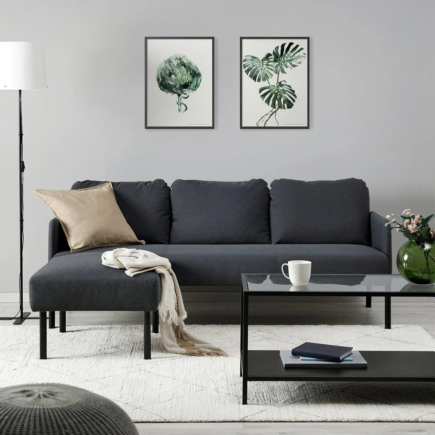 IKEA GLOSTAD 3er-Sofa mit Récamiere Dunkelgrau Polyester