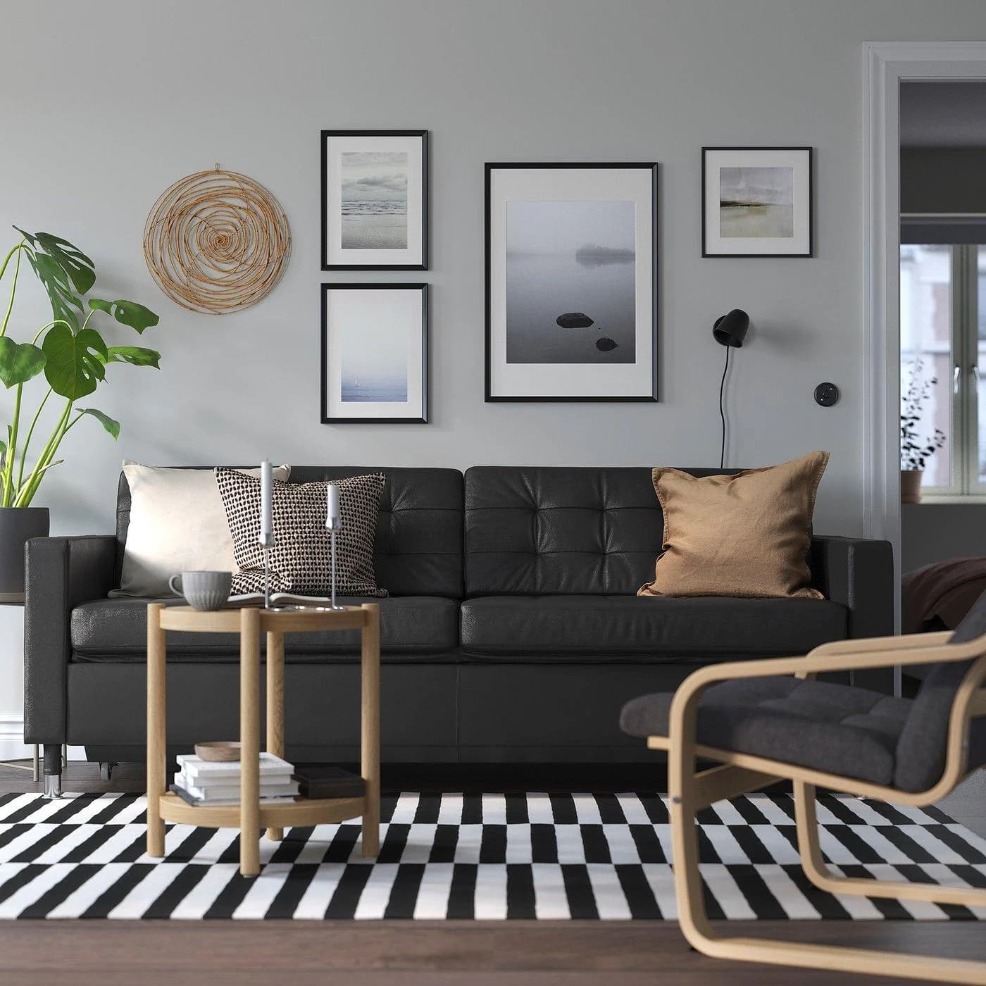 IKEA LANDSKRONA 3er-Bettsofa Schwarz Grau Leder Metall