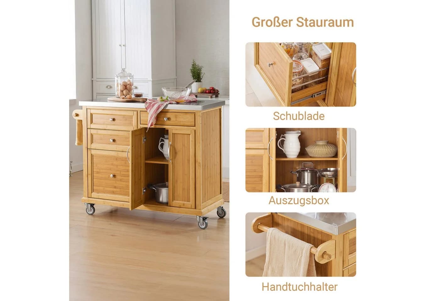 SoBuy Küchenwagen FKW69/FKW70 Natur Bambus Edelstahl - Bild 3