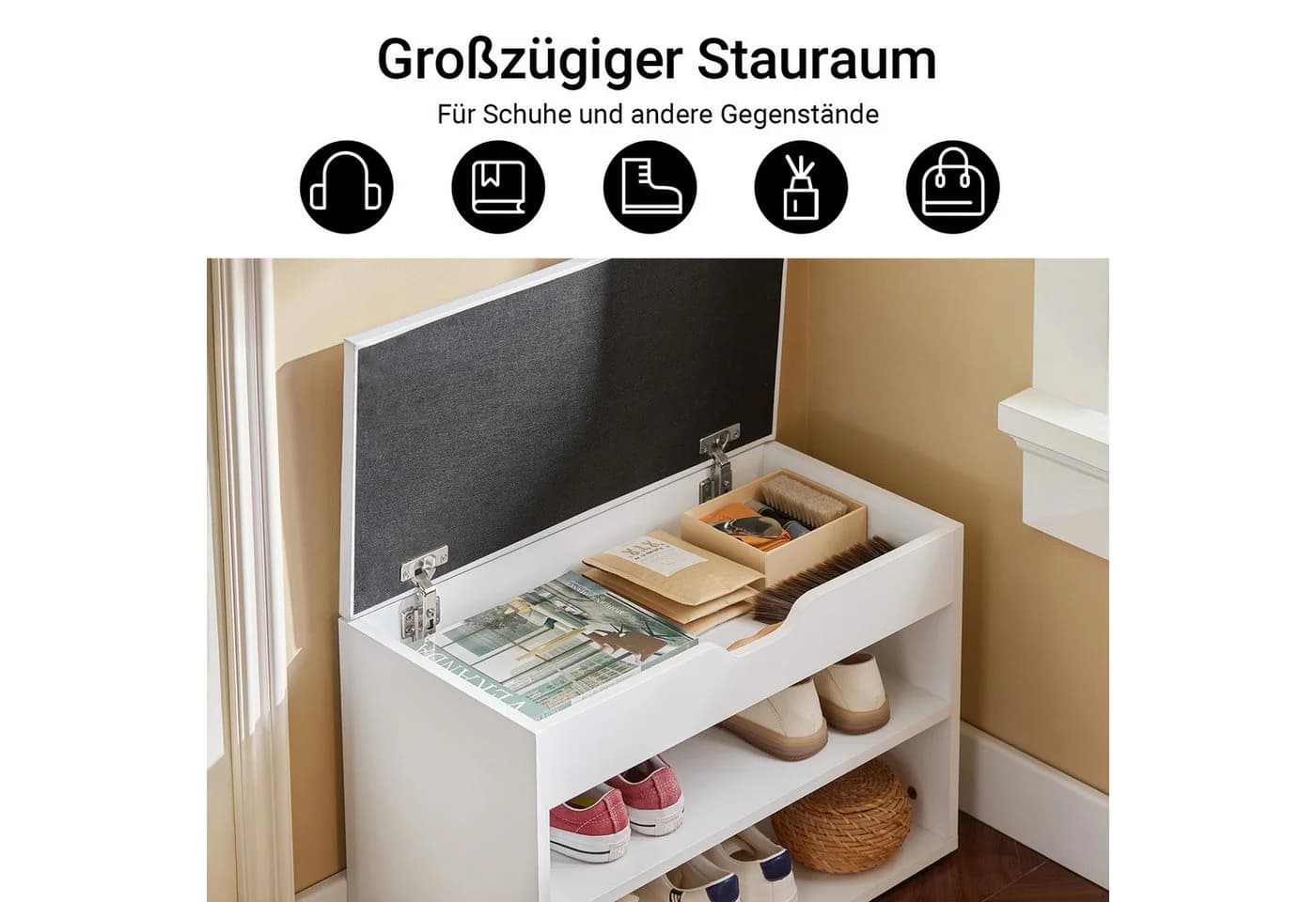 SoBuy Schuhbank FSR25 Weiß mit gepolstertem Kissen und Stauraum