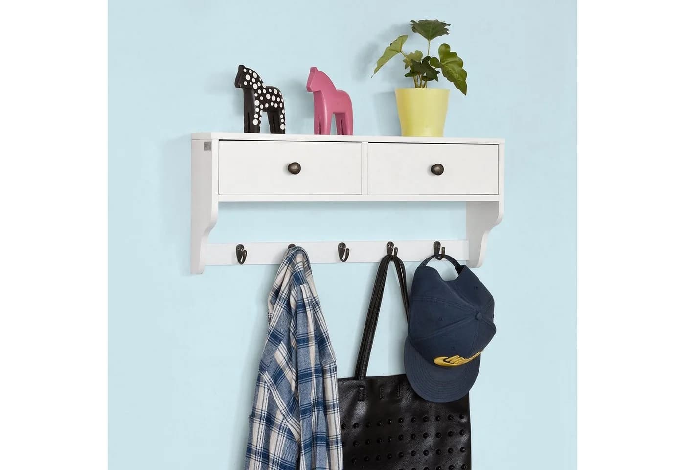 SoBuy Wandgarderobe FRG178 Weiß/Schwarz mit 2 Schubladen und 5 Haken