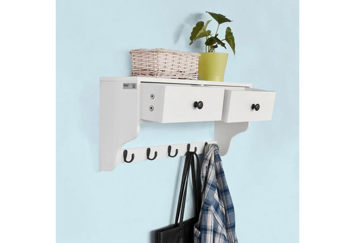 SoBuy Wandgarderobe FRG178 Weiß/Schwarz mit 2 Schubladen und 5 Haken - Bild 3