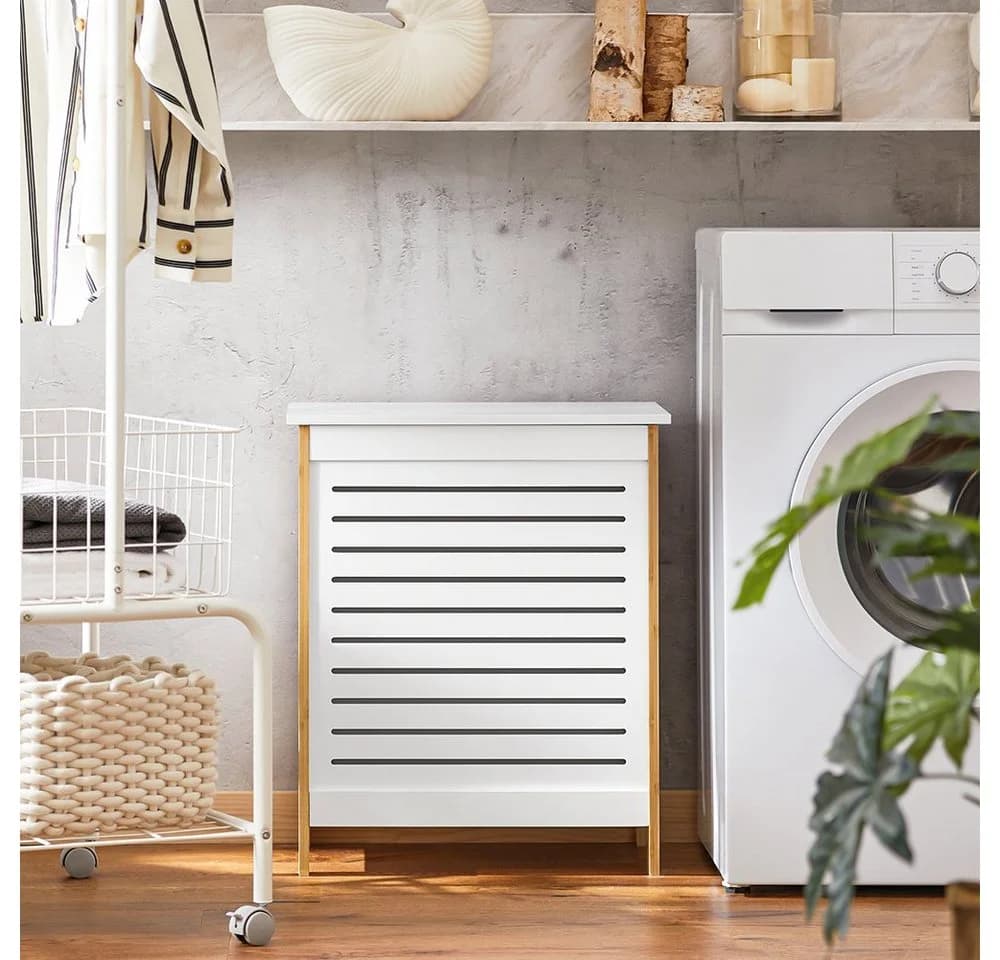 SoBuy Wäschetruhe FSS66 Weiß-Natur mit Deckel