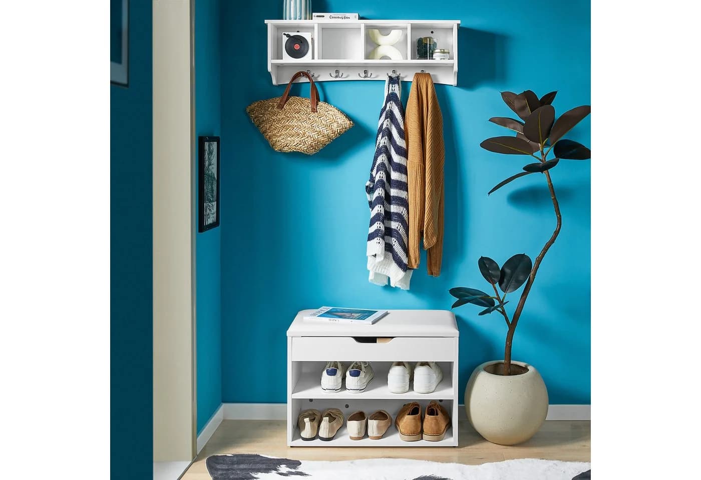 SoBuy Wandgarderobe FRG48 Flurgarderobe mit Ablage Wandregal mit 4/5 Haken Weiß