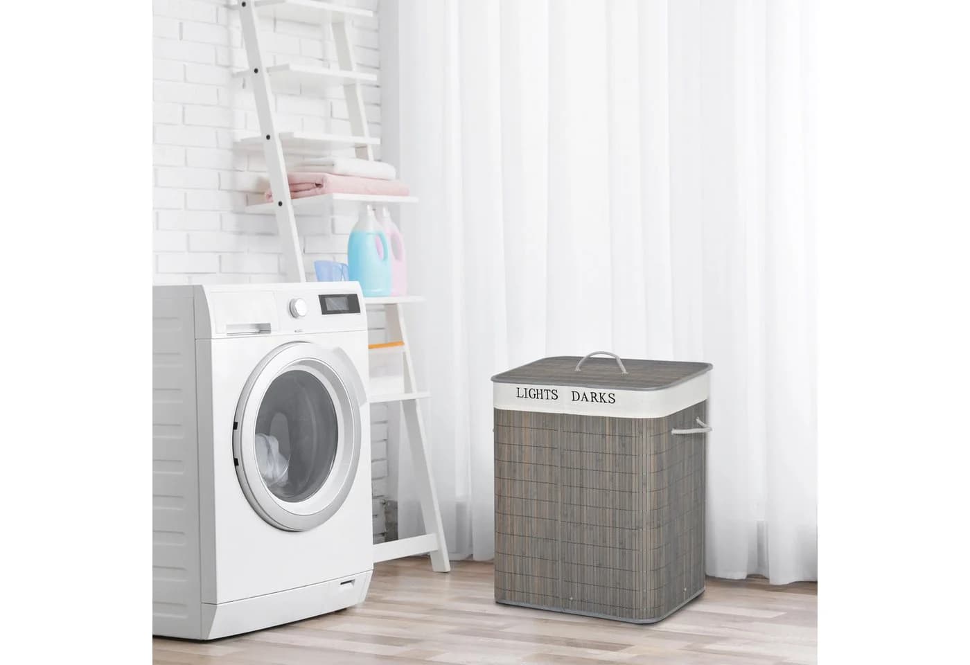 MC Star Wäschekorb 100L Bambus mit 2 Fächern und abnehmbarem Beutel Grau - Bild 4