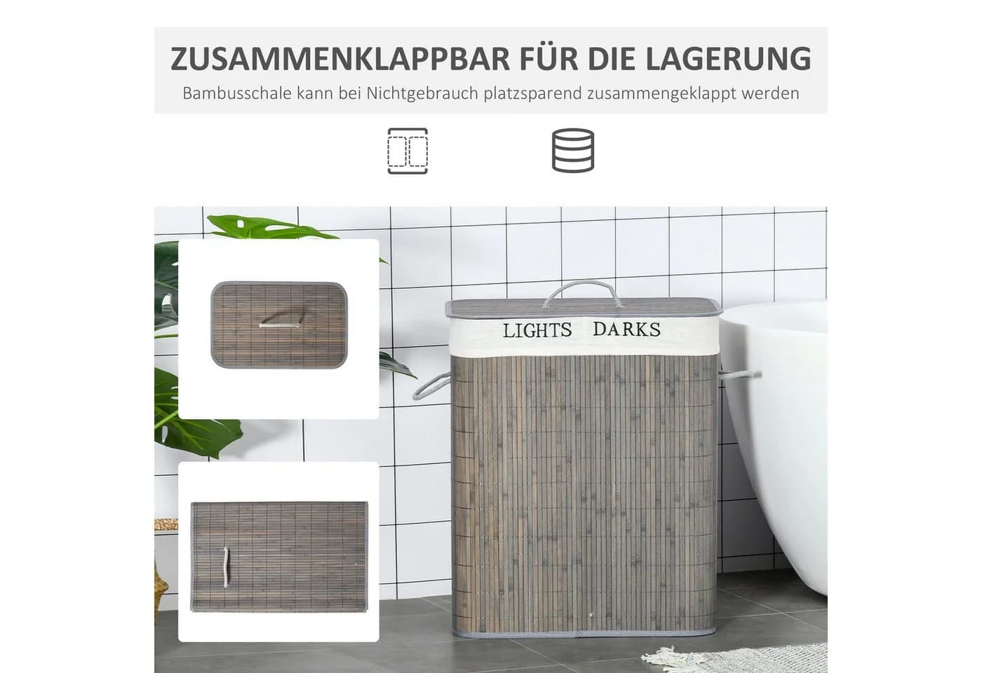 MC Star Wäschekorb 100L Bambus mit 2 Fächern und abnehmbarem Beutel Grau - Bild 5