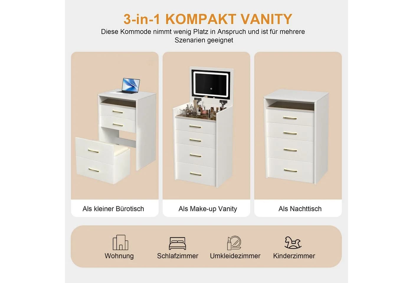 MC Star Schminktisch 3-in-1 Weiß mit Glasplatte und Hocker - Bild 3