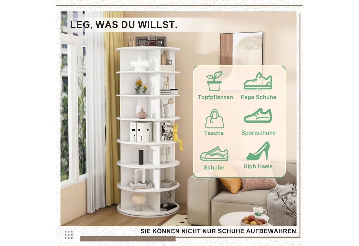 MC Star Schuhregal Drehbares mit 360° Drehfunktion, Freistehendes Schuhregal für 28 Paar Schuhe, Platzsparend, Weiß - Bild 5