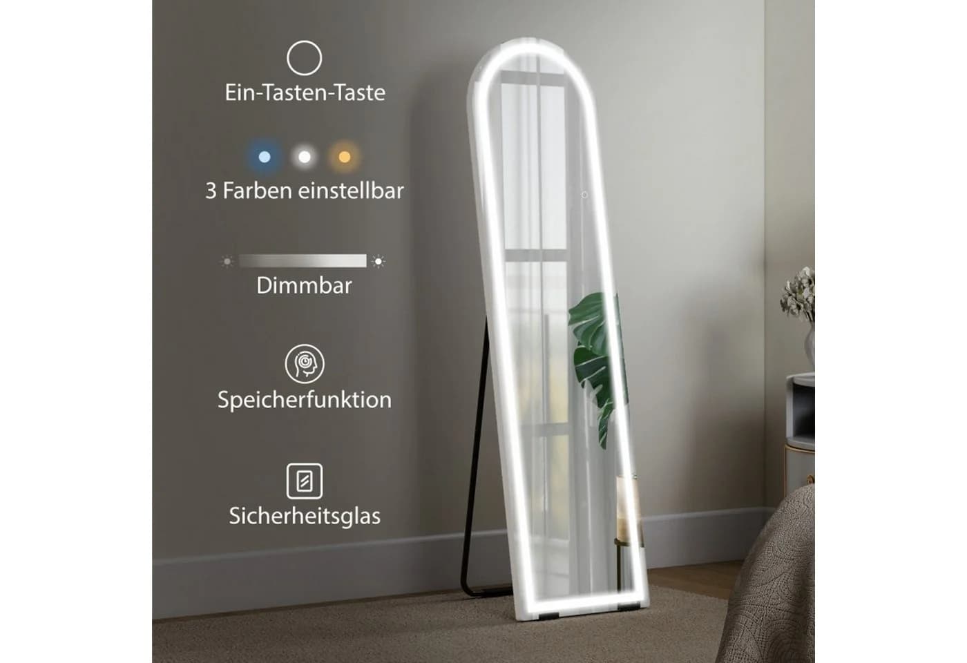 MC Star Ganzkörperspiegel mit LED-Beleuchtung, bogenförmig, dimmbar, weiß - Bild 3