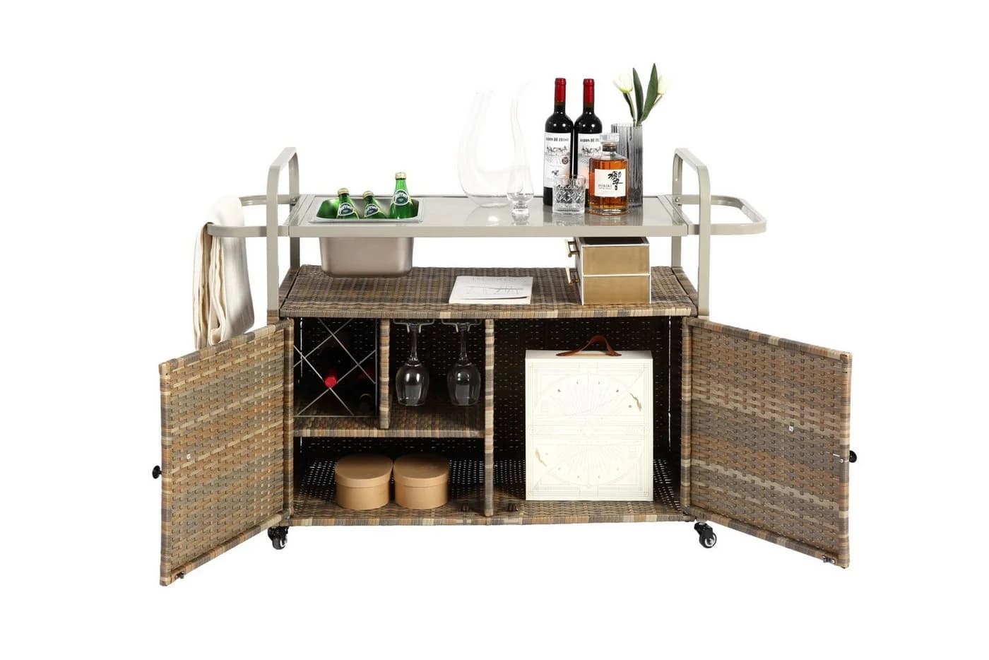 LVHOM Küchenwagen Outdoor-Insel Beige PE-Rattan mit Eiskübel