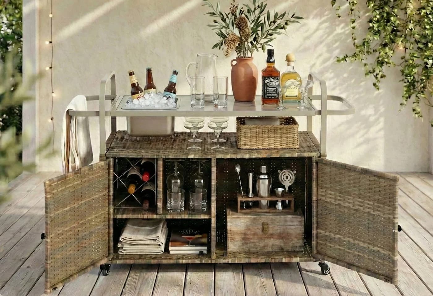 LVHOM Küchenwagen Outdoor-Insel Beige PE-Rattan mit Eiskübel - Bild 2