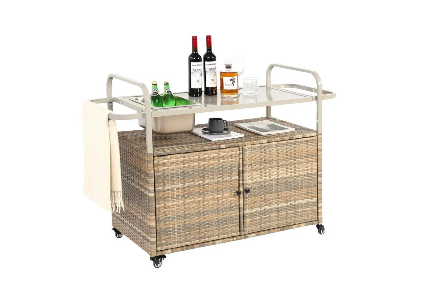 LVHOM Küchenwagen Outdoor-Insel Beige PE-Rattan mit Eiskübel - Bild 3