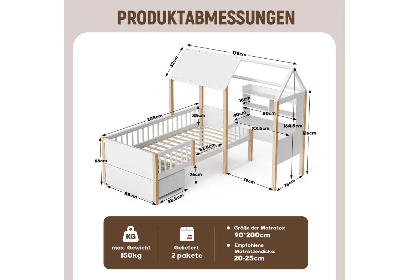 LVHOM Hausbett 90x200 cm L-förmig mit Schreibtisch und Schubladen - Bild 3