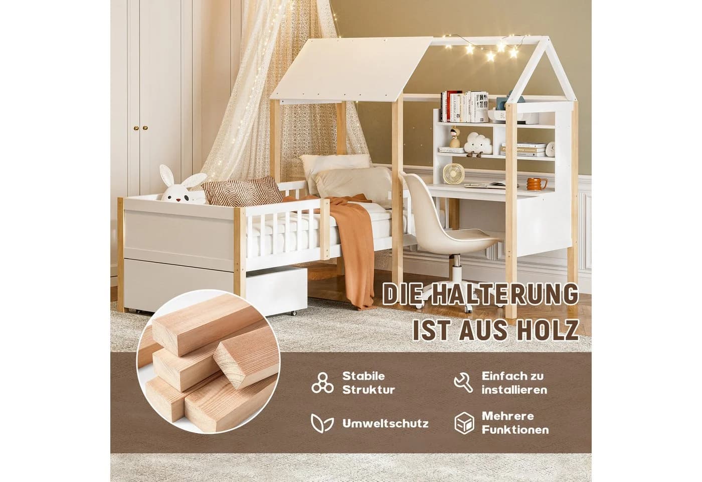 LVHOM Hausbett 90x200 cm L-förmig mit Schreibtisch und Schubladen - Bild 4